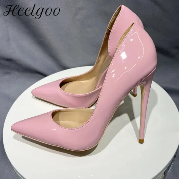 Glossy Pink Women's Sexy Side V Cut Pointy Toe High Heels - Image 2