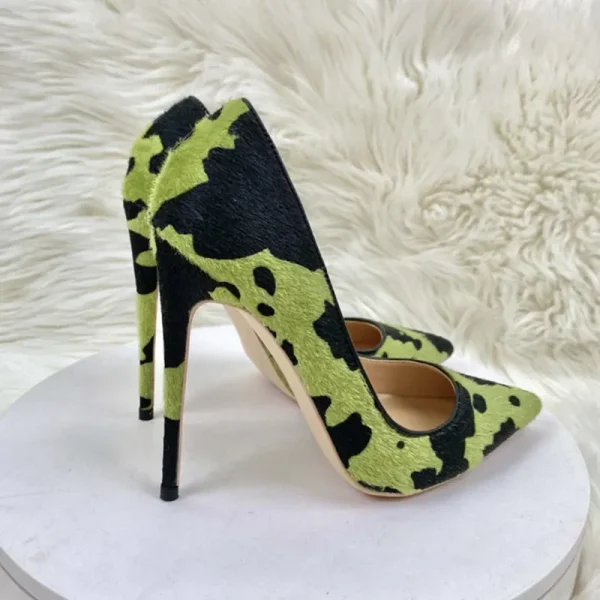 Hairy Fabric Women Green Cow Pattern Pointy Toe High Heel Shoes - Image 3