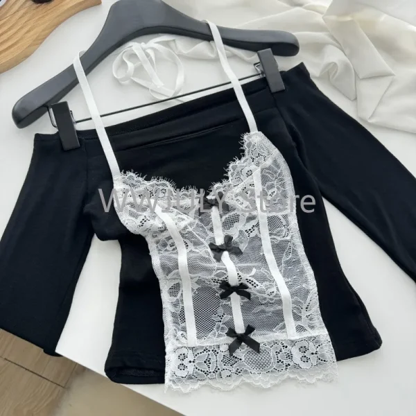 Long Sleeve Patchwork Lace Tops Black Slim Sweet Bow Tees Design - Image 4