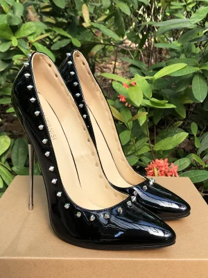 Extreme Thin High Heels Women Black Punk Spikes Stiletto Pumps