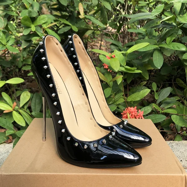 Extreme Thin High Heels Women Black Punk Spikes Stiletto Pumps