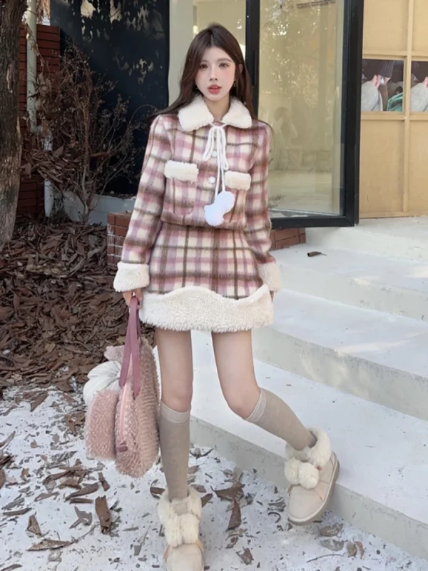 Winter Outwear Plaid Jacket Coat Suit Woman Warm Casual Kawaii Coat - Image 4