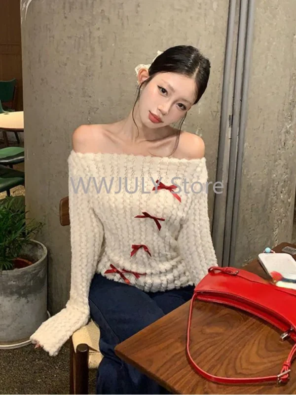 Woman Korean Fashion Bow Pullovers Sweater Long Sleeve Knitwears - Image 5