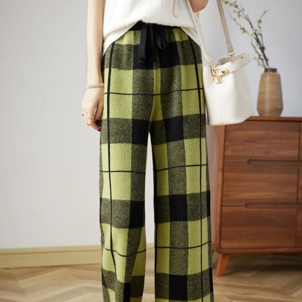 Wool knitted pants elastic waist plaid loose fashion wide-leg pants - Image 6