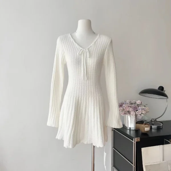 Spring Knitted  Short Party Dress Women White Elegant Slim Mini Dress - Image 5