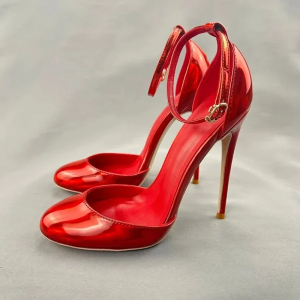 Shiny Red Patent Leather Women Ankle Strap Pumps - Image 3