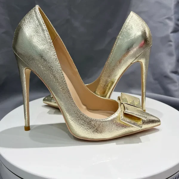 Gold Bow Women Pointy Toe High Heel Shoes Ladies Soft Leather - Image 4