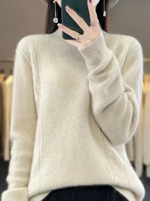 Wool women’s sweater pullover semi-high neck thick long sleeve