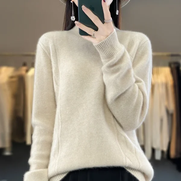 Wool women's sweater pullover semi-high neck thick long sleeve