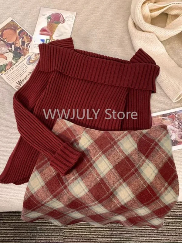 High Waist Slim  Mini Skirt Plaid Skirt Set - Image 2