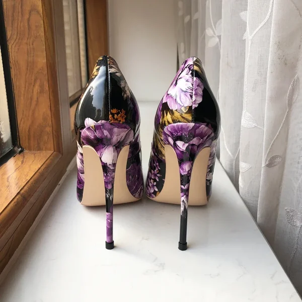 Purple Flowers Printed Women Black Patent Pointy Toe High Heel - Image 3