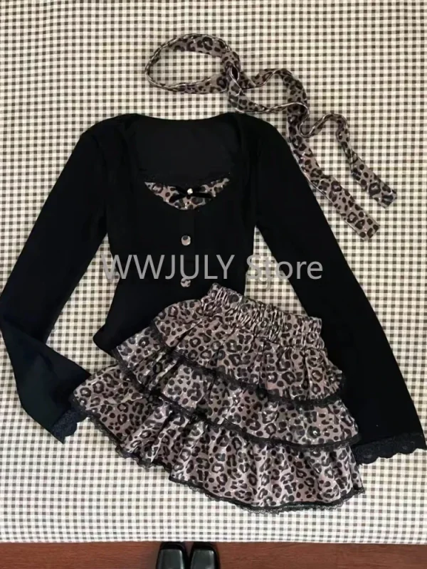 Outfits 2 Piece Set Coquette Tops Mini Leopard Ruffle Skirts - Image 2