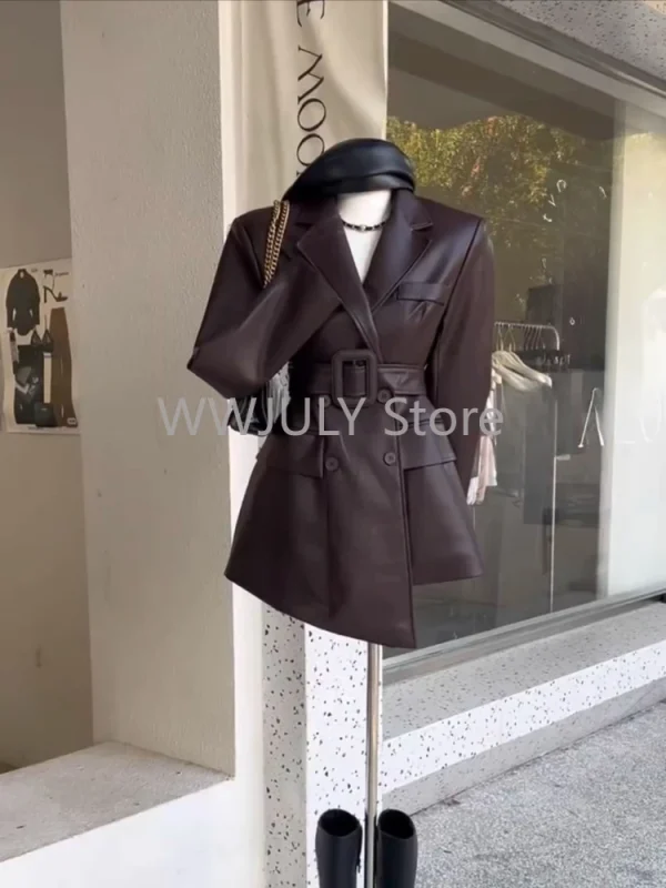 Korean Fashion Blazers Coffee Color Retro Leather Jacket Women - Image 3