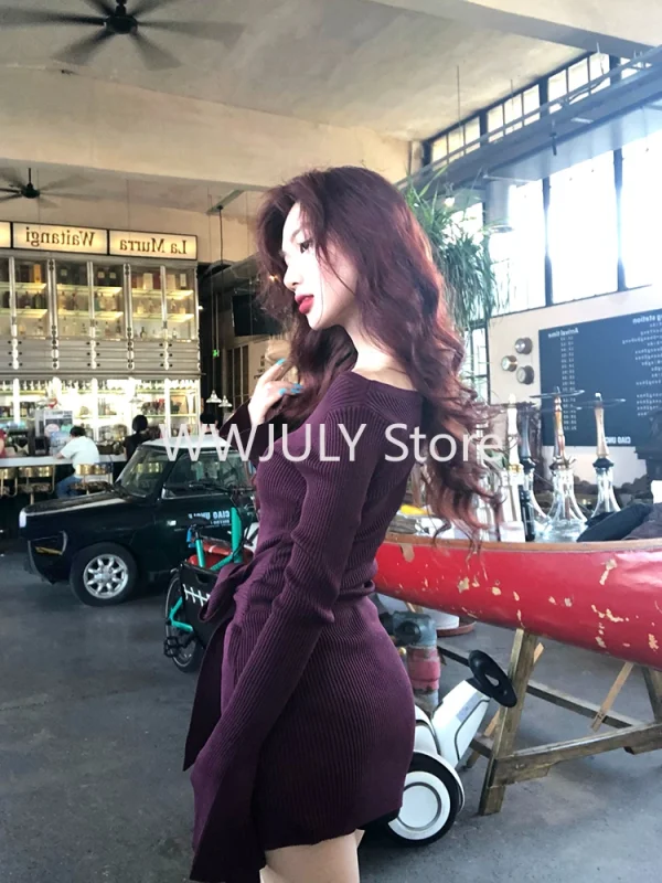 Sexy Slim Bodycon Knitted Dress Woman Purple Elegant Mini Dress Party - Image 7