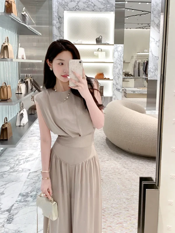 Office Lady Elegant Pants Set Woman Pure Color Sleeveless Blouse Loose - Image 3