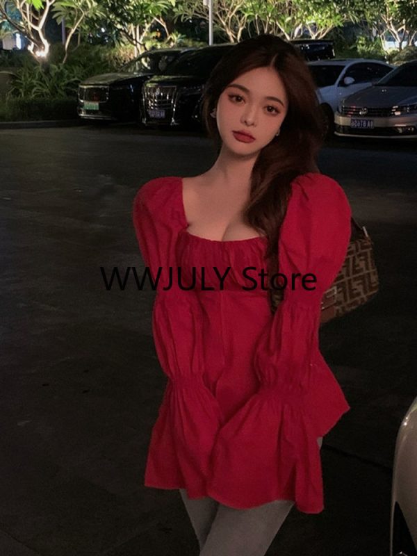 Red Korean Style Sexy Blouse Women Chic Design - Image 8