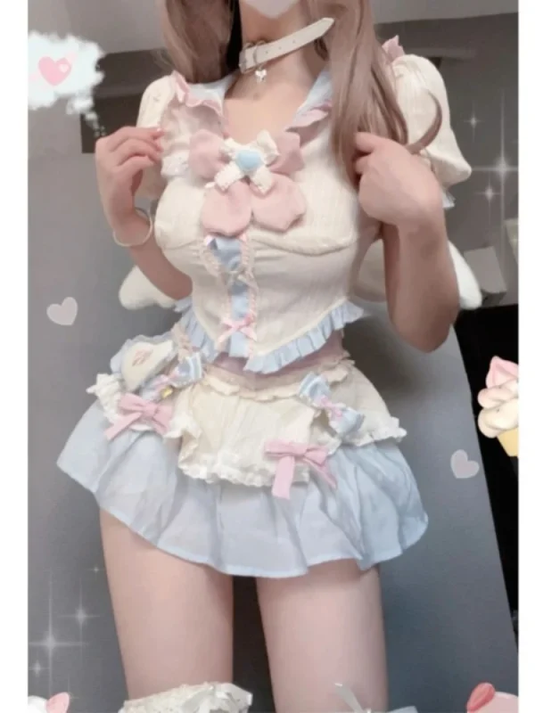 Japanese Style 2 Piece Set Woman Kawaii Cute Clothing Suit Girl Casual Blouse