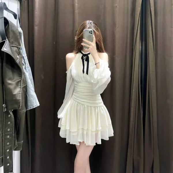 Dresses Women Korean Fashion Off Shoulder Hanging Neck Dress - Image 5