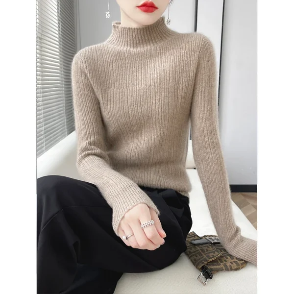 Wool women's semi-high neck slim sweater solid color casual knit - Image 3