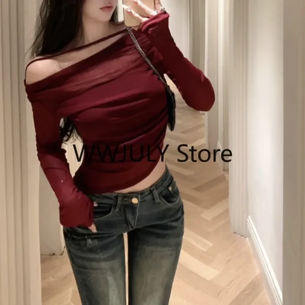 Crop Tops Vintage Korean Retro High Street Off Shoulder Knit - Image 2