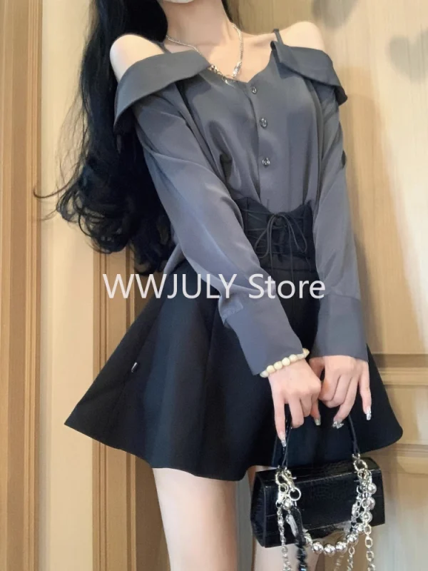 Fashion Strapless Slash Neck Shirt Top Elastic Waist Bandage A-Line Skirts - Image 3