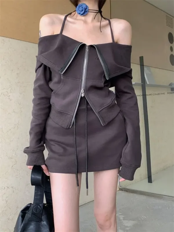 Woman Solid Casual Cardigan  Slim Mini Skirt Office Lady