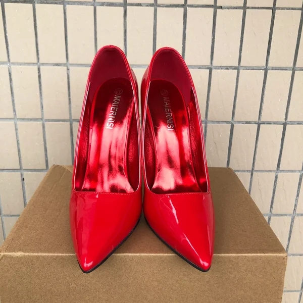 High Heel Women Sexy Red Glossy Patent Slip On Pointed Toe