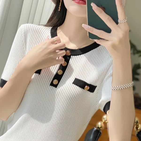 sweater women's color matching round neck pullover short sleeve - Image 6