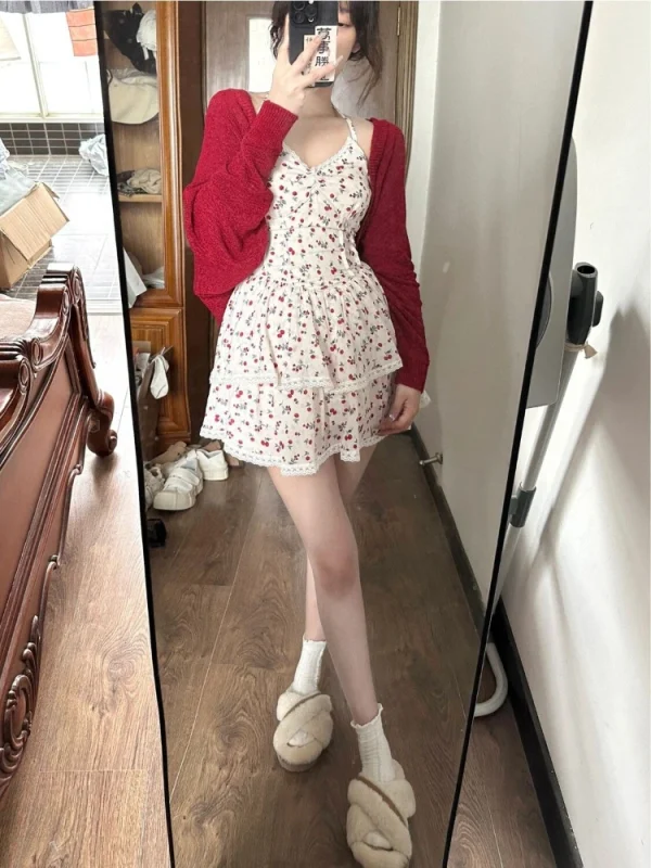 Women Outwear Casual Elegant Knitted Cardigan Floral Mini Dress - Image 3