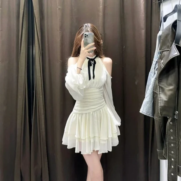 Dresses Women Korean Fashion Off Shoulder Hanging Neck Dress - Image 3