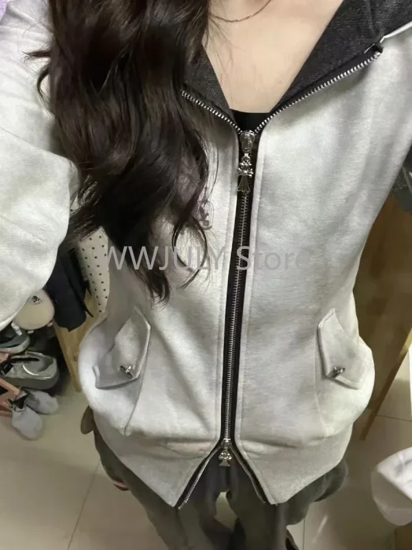 Fashion Retro Gray Long Sleeved Tops Gothic  Slim Sweatshirts Woman Chic - Image 6