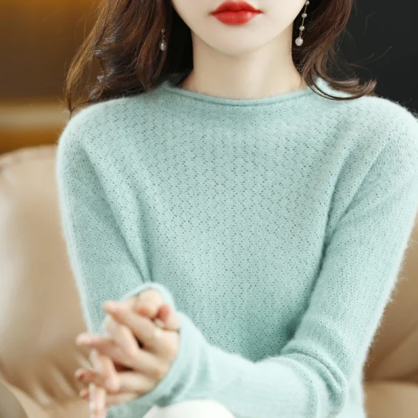 mink cashmere sweater women's O-neck pullover fashion hollow knit - Image 4