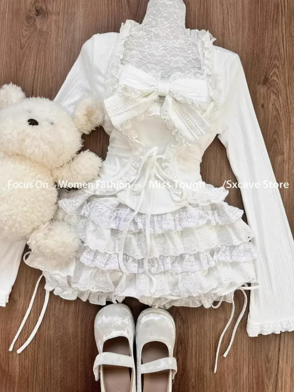 Sweet Lolita Style Sweet 3 Piece Set Woman Slim Ruffles Long Sleeve Cardigan