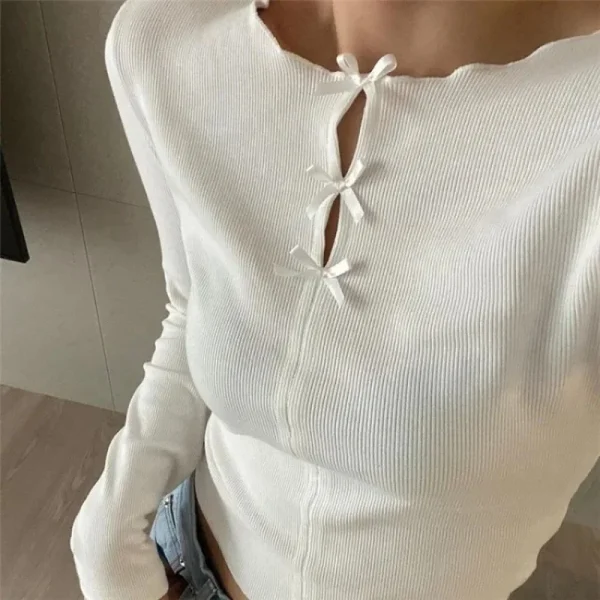 T-shirts Long Sleeve Knitted Tops Women Y2k E-Girl O-neck Hollow Out Bow - Image 2