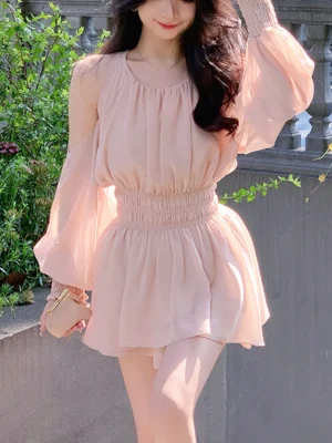 Woman Long Sleeve Retro Blouse  Mini Skirt Office Lady Korean Fashion Suit Chiffon