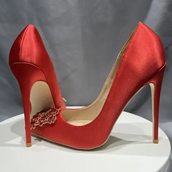 Sexy Rhinestones Square Women Red Satin Pointy Toe High Heel - Image 4