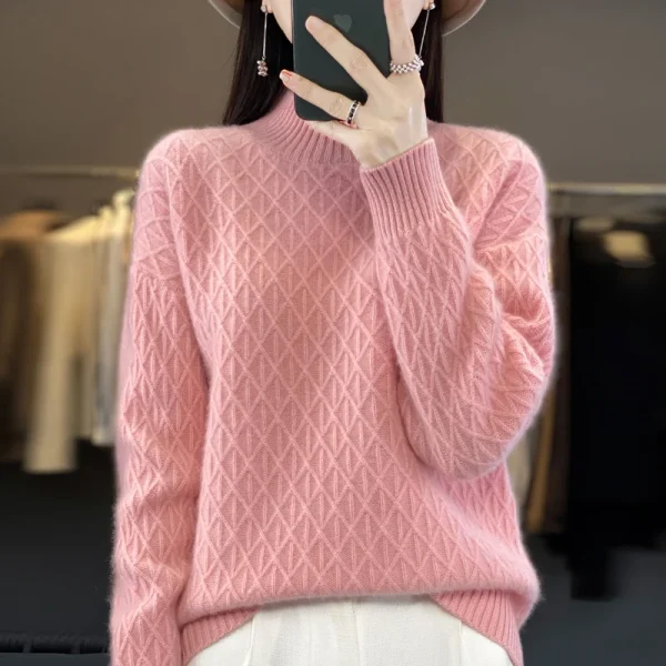 High neck cashmere sweater ladies thick diamond sweater loose - Image 6