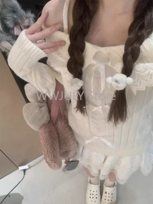 Winter Puro Color Knitted Sweater Women French Elegant Lace Off Shoulder