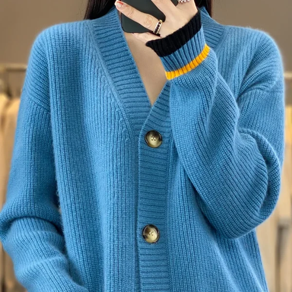 Wool women's V-neck knit cardigan contrast color long sleeve sweater - Image 2