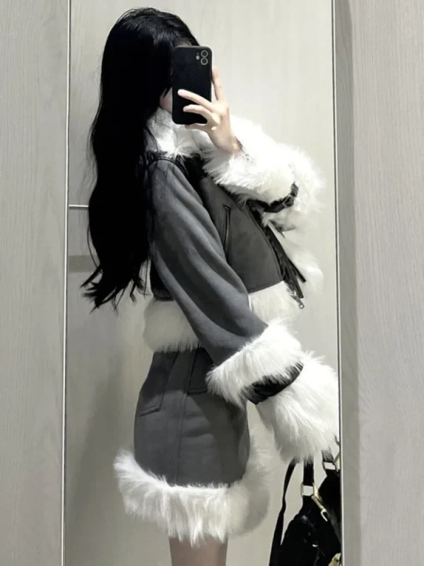 Skirt Set Woman Korean Style Suit Warm Fashion Fur Coat Jacket - Image 4