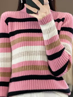 Women’s semi-high neck contrast striped knit pullover fashion slim top