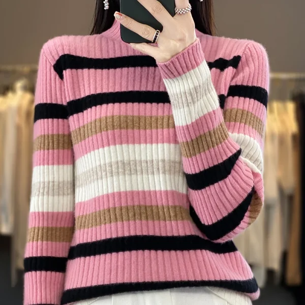 Women's semi-high neck contrast striped knit pullover fashion slim top