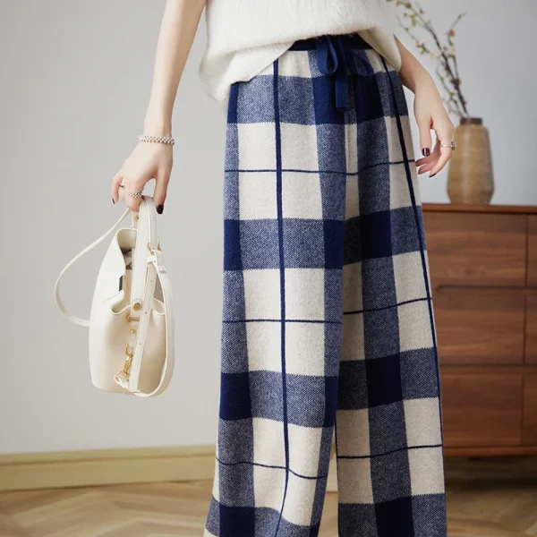 Wool knitted pants elastic waist plaid loose fashion wide-leg pants - Image 2