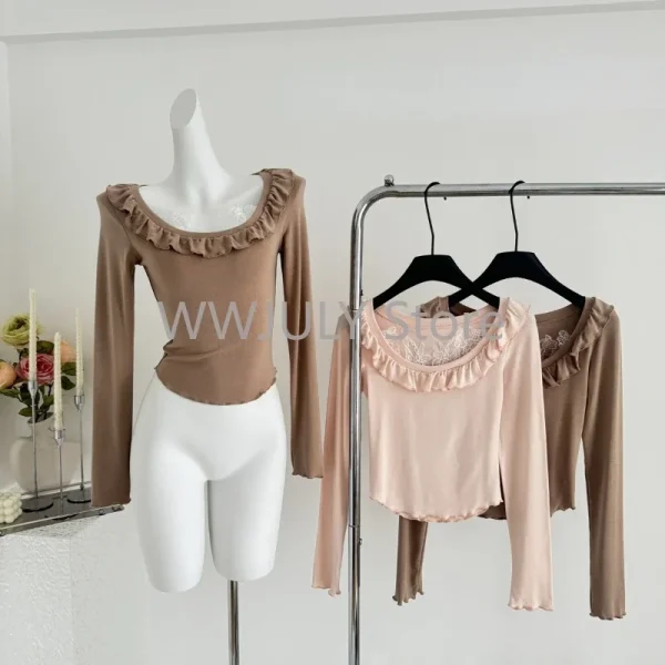 Aesthetics Slim Lace Fake Two Tops Casual Basic Sweet Long Sleeve Blosue - Image 6