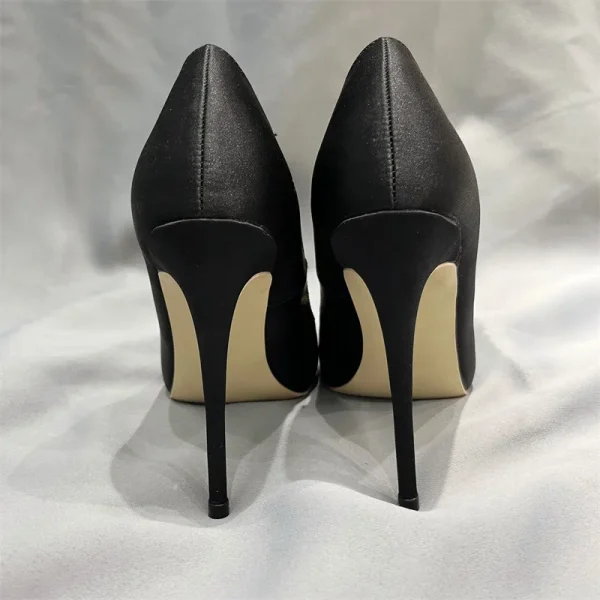 Square Women Black Satin Pointy Toe High Heel Shoes - Image 5