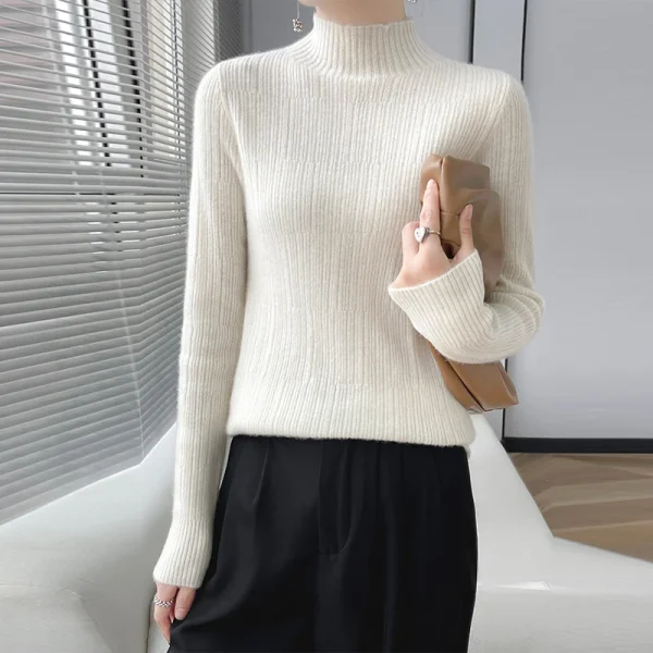 Wool women's semi-high neck slim sweater solid color casual knit - Image 6