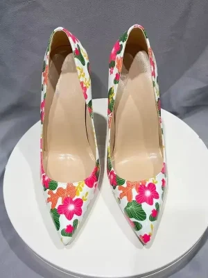 2025 Pink Flower Printed Women Pointy Toe High Heel Shoes