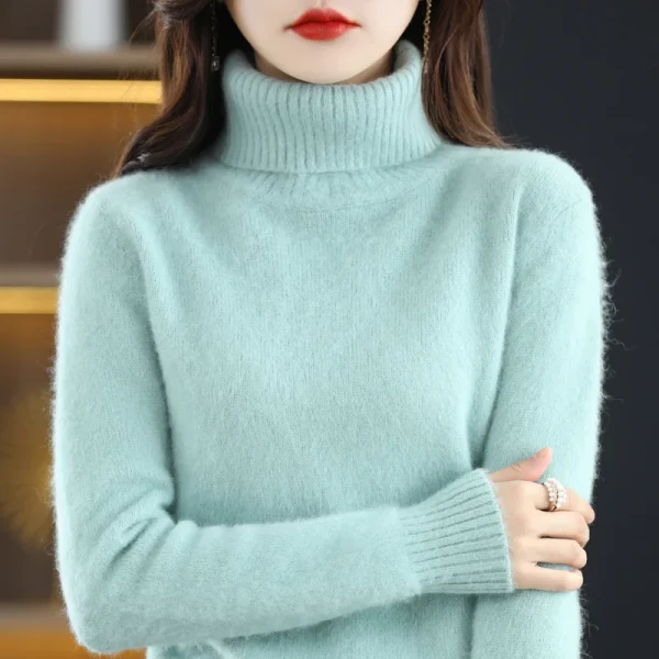 velvet women's sweater solid color turtleneck knit pullover - Image 3