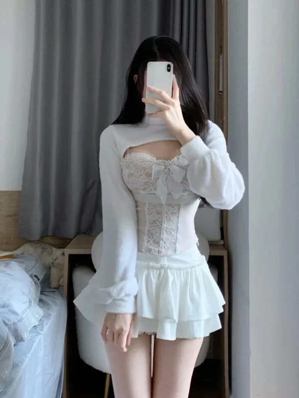 Korean Fashion White Skirt Sets Women Casual Slim Crop Tops - Image 2