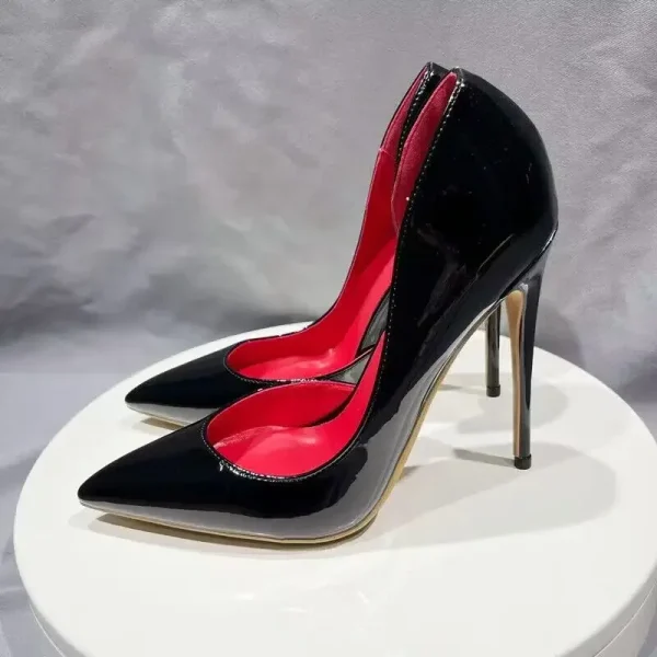 Red inside Black Patent Women Sexy Pointy Toe High Heel Shoes - Image 6